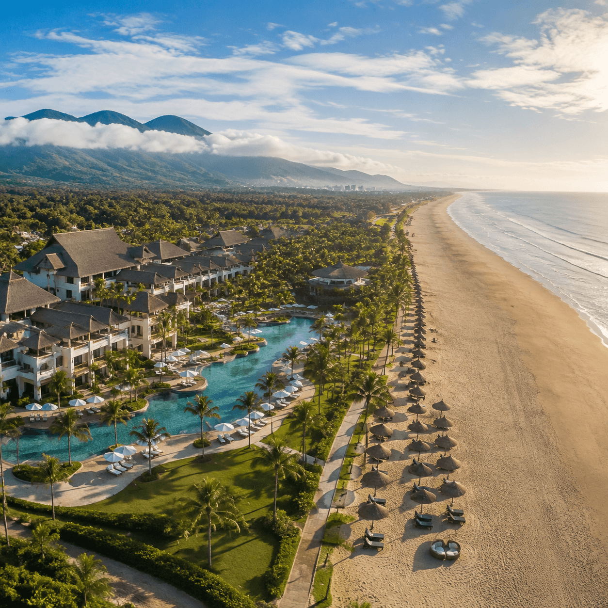 Photorealistic editorial travel photograph in Vietnam. Subject: Da Nang family beach resort aerial view.  for the "Beaches & Islands" section of a Vietnam travel guide. Wide cinematic hero-banner comp