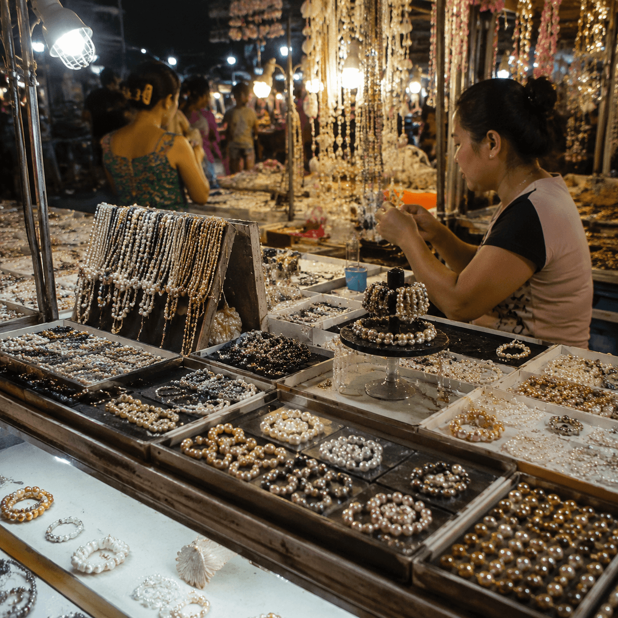 Photorealistic editorial travel photograph in Vietnam. Subject: pearl jewelry stalls Phu Quoc Night Market. for the "Beaches & Islands" section of a Vietnam travel guide. Editorial inline photo, natu