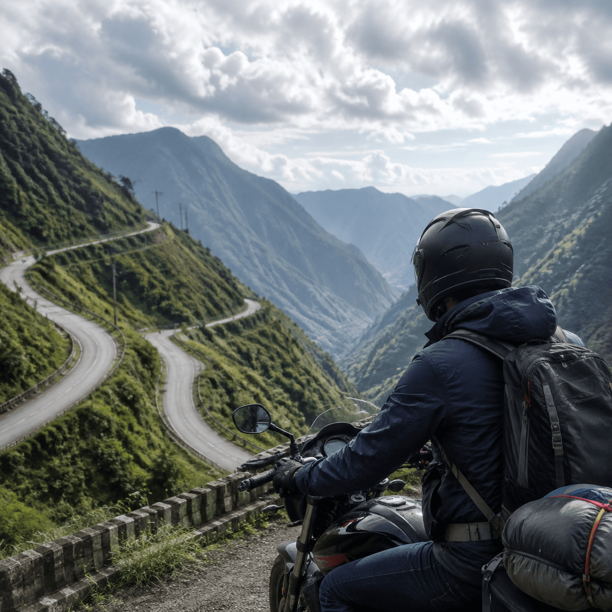 Photorealistic editorial travel photograph in Vietnam. Subject: Ha Giang Loop mountain road motorcycle safety.  for the "Mountains & Trekking" section of a Vietnam travel guide. Wide cinematic hero-ba