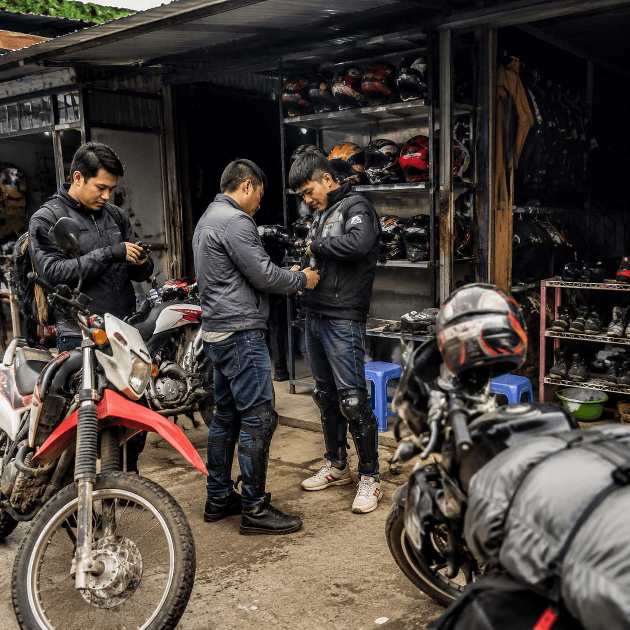 Photorealistic editorial travel photograph in Vietnam. Subject: Ha Giang city motorbike gear rental shop.  for the "Mountains & Trekking" section of a Vietnam travel guide. Editorial inline photo, nat