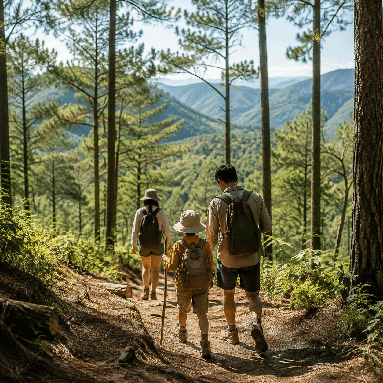 Photorealistic editorial travel photograph in Vietnam. Subject: da lat pine forest family hiking trail.  for the "Mountains & Trekking" section of a Vietnam travel guide. Wide cinematic hero-banner co