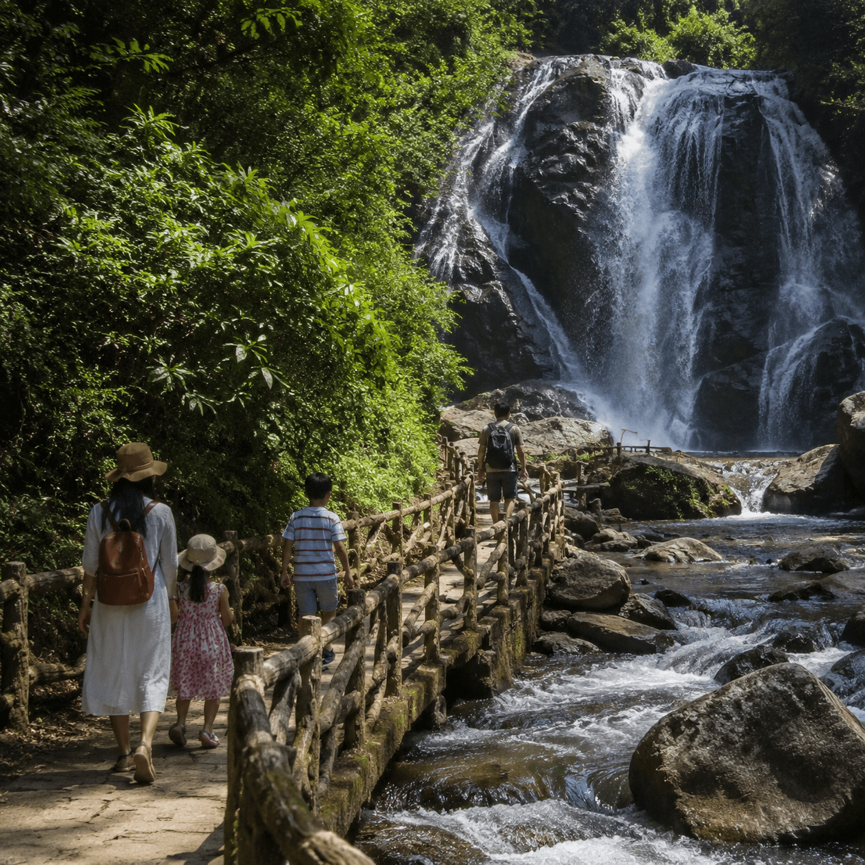 Photorealistic editorial travel photograph in Vietnam. Subject: datanla waterfall family path.  for the "Mountains & Trekking" section of a Vietnam travel guide. Editorial inline photo, natural 4:3 co