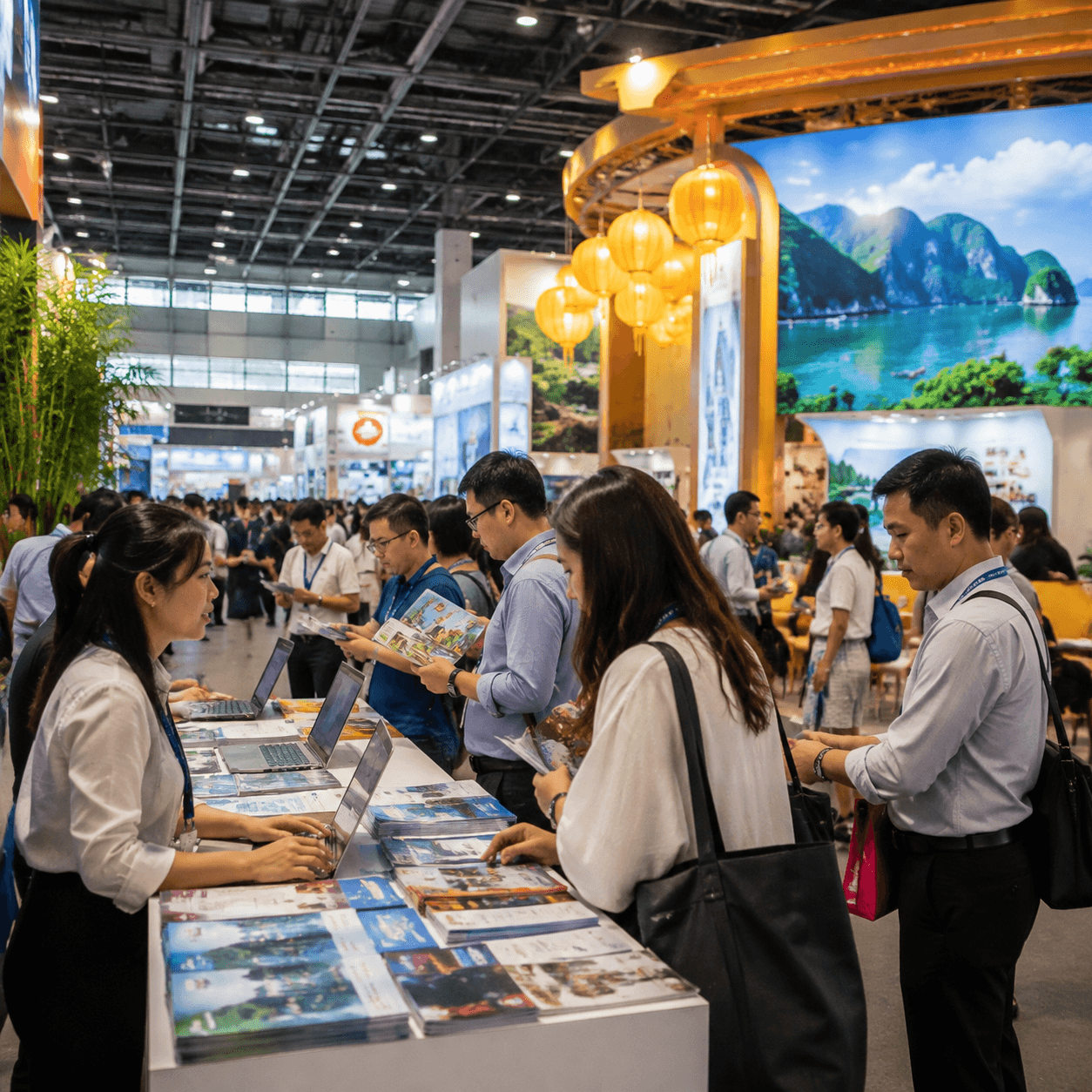 Photorealistic editorial travel photograph in Vietnam. Subject: Vietnam International Travel Expo 2026 exhibition hall. for the "Festivals & Events" section of a Vietnam travel guide. Editorial inlin