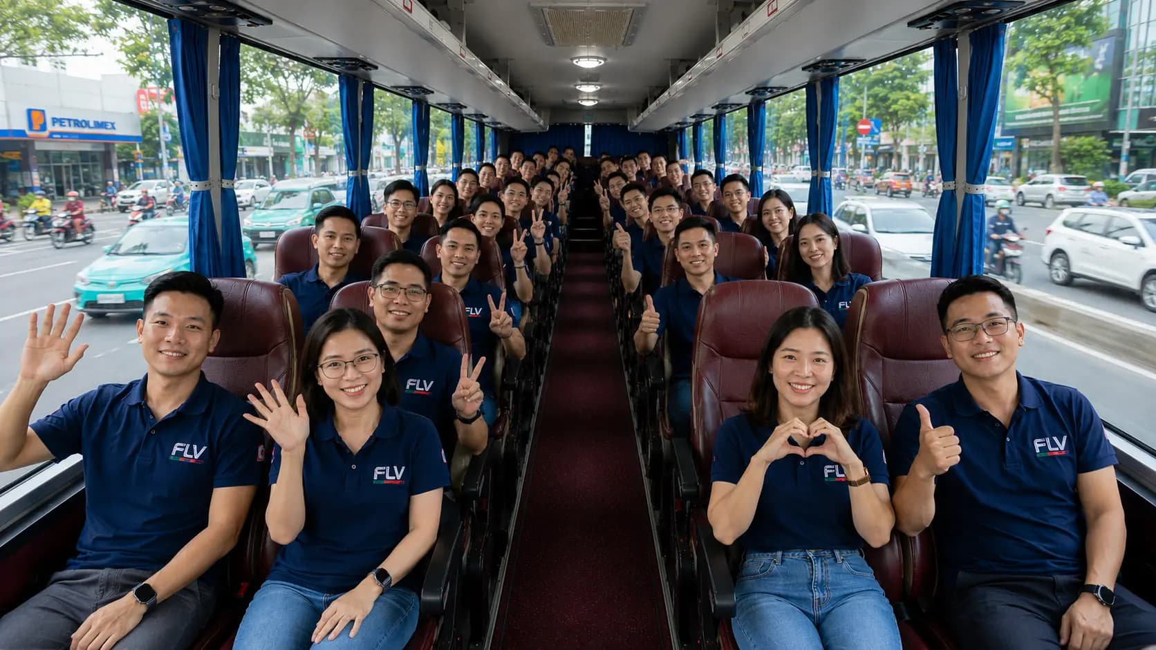 Reclining seats inside a Vietnamese limousine bus traveling from Ho Chi Minh City to Can Tho.