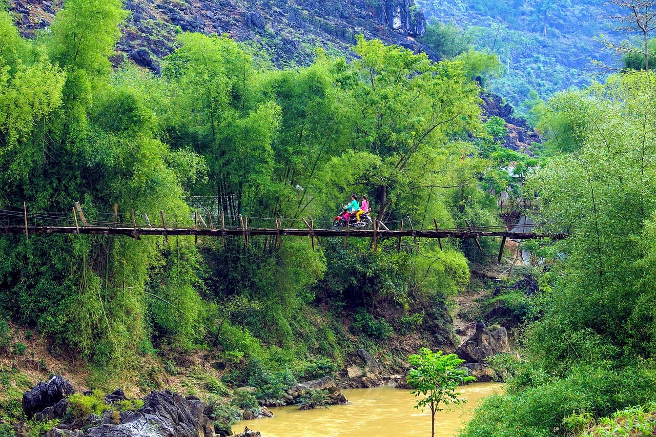 landscape, suspension bridge, bamboo, heating, people, motorbike, ha giang, vietnam, suspension bridge, ha giang, ha giang, vietnam, vietnam, vietnam, vietnam, vietnam