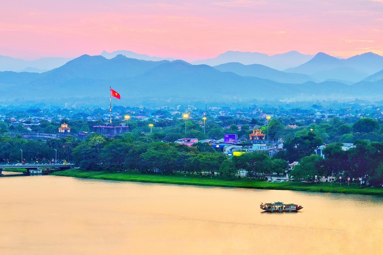 perfume river, huong river, nature, sunset, vietnam, river, mountain, hue