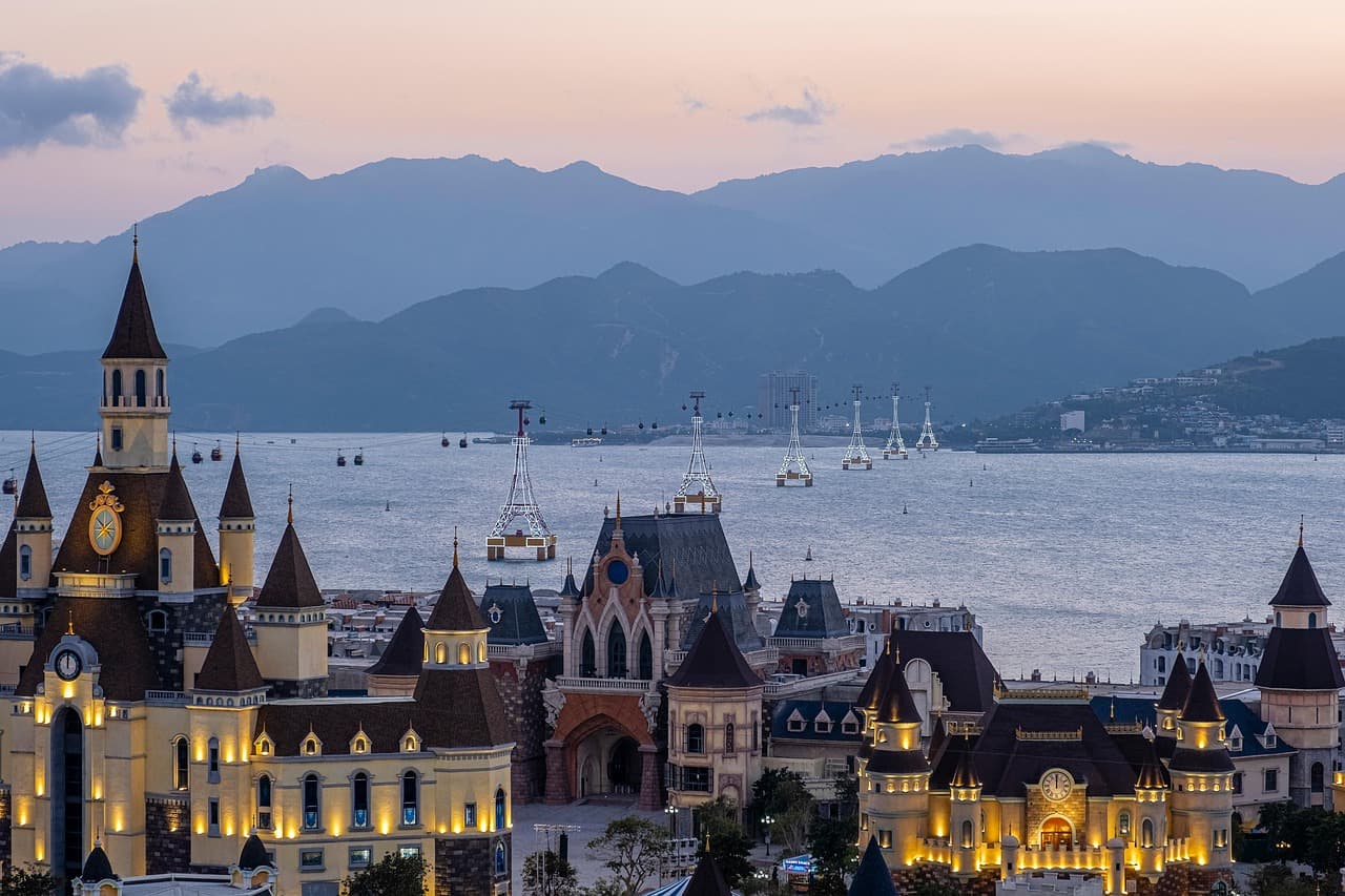 vinpearl land, theme park, sundown, nha trang, vietnam, island, ocean, nature, resort, holiday, coast, vacation, landscape
