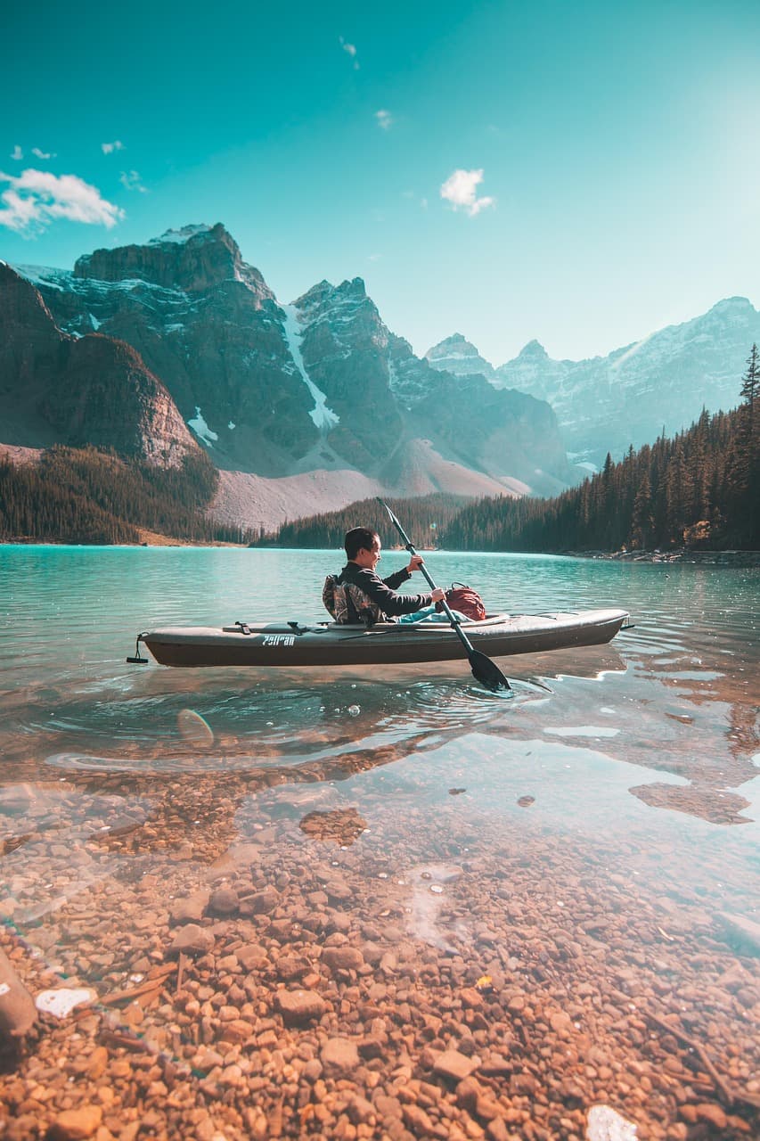 man, canoe, kayak, boating, kayaking, lake, adventure, banff, alberta, canada, water, nature, scenery, mountain, travel, forest, sky, outdoor, summer, scenic, relax, sports, vacation, canoe, canoe, ka
