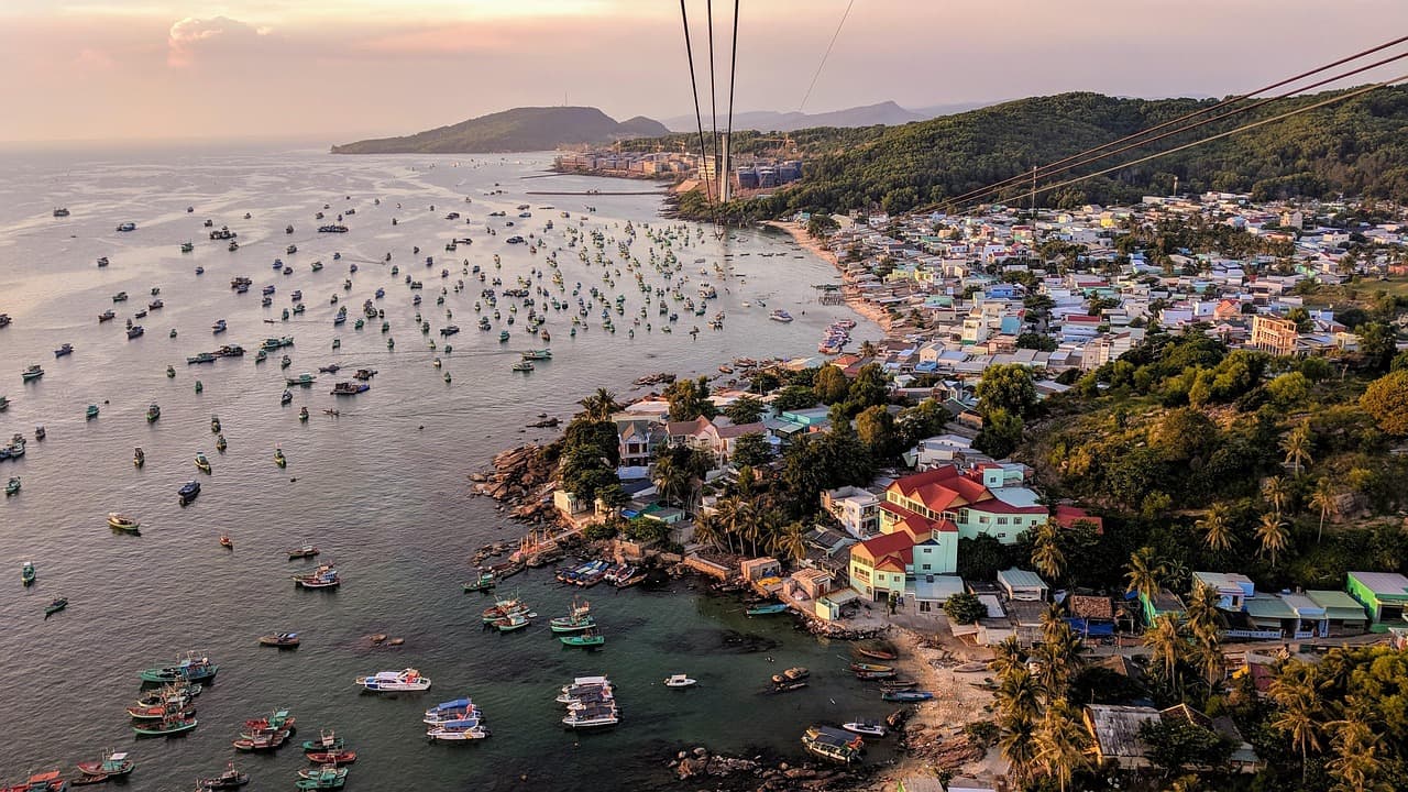 sea, port, boats, phu quoc, vietnam, cable car, marine, nature, city, view, travel, dusk