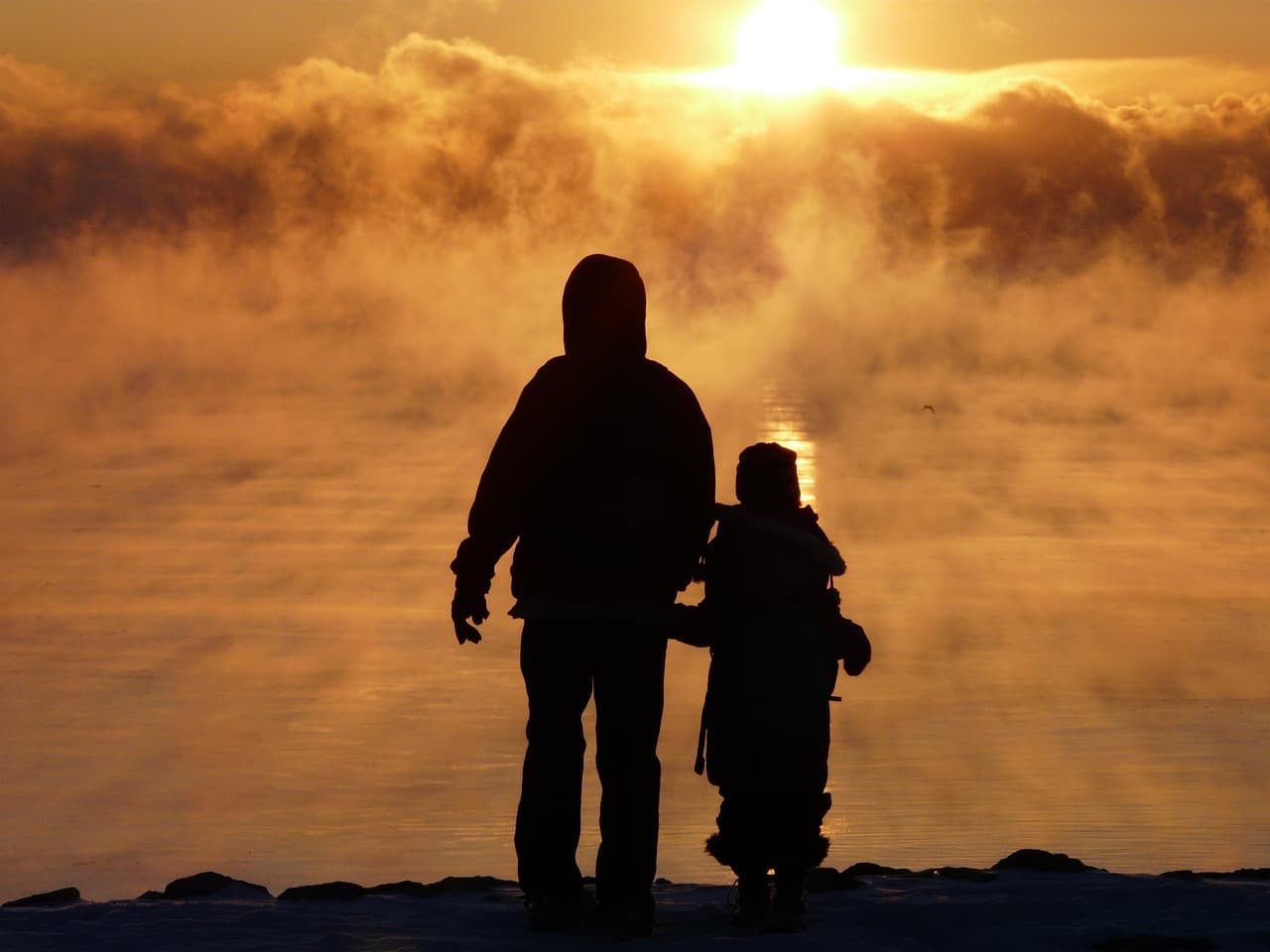 father, son, sunrise, silhouette, fog, mist, lake, nature, family, together, lake ontario