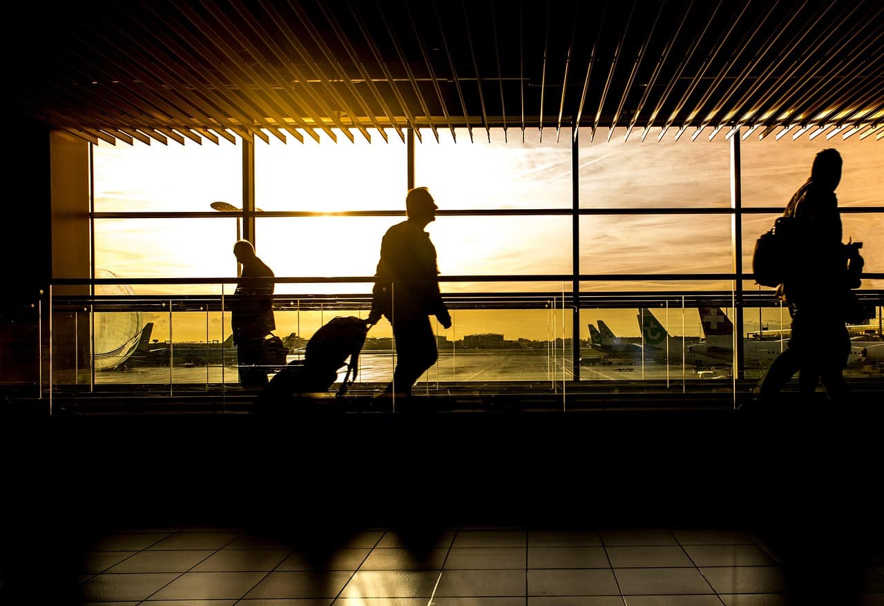 airport, terminal, man, travel, travelers, passengers, silhouettes, backlighting, people, flight, transport, businessmen, walking, sunlight, transportation, trip, journey, planes, airport, airport, ai