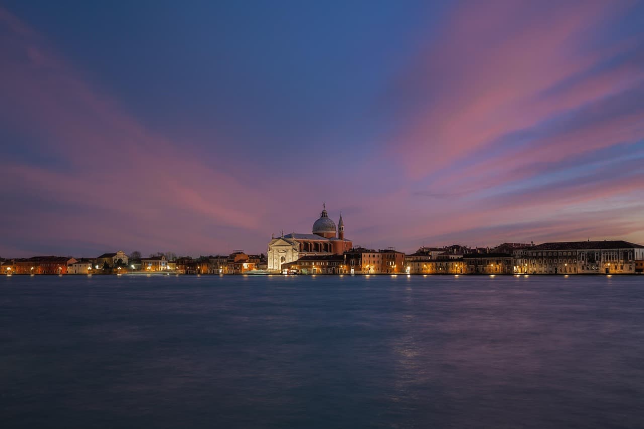 church, sunset, island, twilight, nature, venice, long exposure, water, colorful, city, italy, landscape