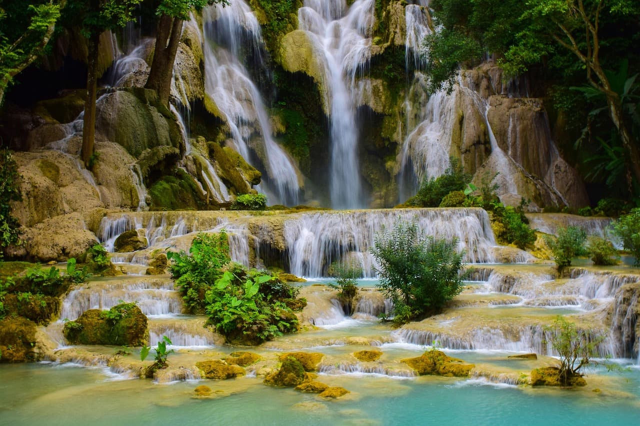 waterfall, water, rocks, luang prabang, nature, laos, asia, kuang si waterfall, waterfall, waterfall, waterfall, waterfall, waterfall, laos
